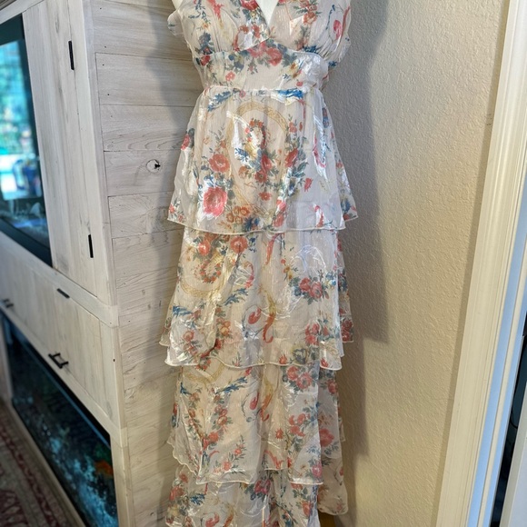 Franco floral jacquard chiffon tiered midi size large cream NWOT dress - Picture 6 of 14
